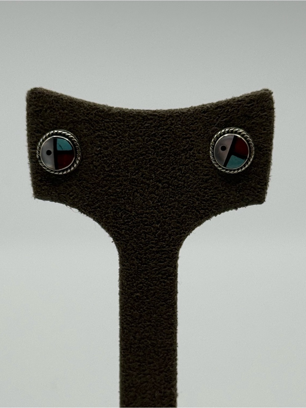 Zuni Inlay Turquoise and Red Circle Stud Earrings - Women Jewelry